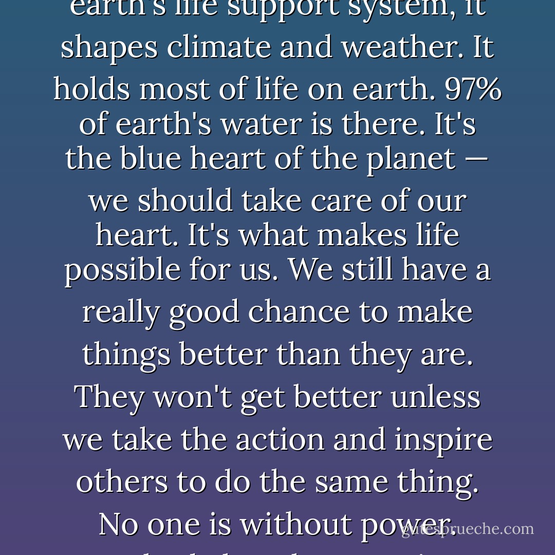 People ask: Why should I care about the ocean? Because the ocean is the cornerstone of earth's life support system, it shapes climate and weather. It holds most of life on earth. 97% of earth's water is there. It's the blue heart of the planet — we should take care of our heart. It's what makes life possible for us. We still have a really good chance to make things better than they are. They won't get better unless we take the action and inspire others to do the same thing. No one is without power. Everybody has the capacity to do something. - Sylvia A. Earle