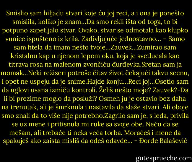 Smislio sam hiljadu stvari koje ću joj reci, a i ona je ponešto smislila, koliko je znam…Da smo rekli išta od toga, to bi potpuno zapetljalo stvar. Ovako, stvar se odmotala kao klupko vunice ispušteno iz krila. Zadivljujuće jednostavno…<br />– Samo sam htela da imam nešto tvoje…Zauvek…Zumirao sam kristalnu kap u njenom lepom oku, koja je svetlucala kao titrava rosa na malenom zvončiću đurđevka.Sretan sam ja momak…Neki režiseri potroše čitav život čekajući takvu scenu, i opet ne uspeju da je snime.Hajde konju…Reci joj…Osetio sam da uglovi usana izmiču kontroli. Želiš nešto moje? Zauvek?-Da li bi prezime moglo da posluži? Osmeh ju je ostavio bez daha na trenutak, ali je šmrknula i nastavila da slaže stvari. Ali oboje smo znali da to više nije potrebno.Zagrlio sam je, s leđa, privila se uz mene i pritisnula mi ruke sa svoje obe. Neću da se mešam, ali trebaće ti neka veća torba. Moraćeš i mene da spakuješ ako zaista misliš da odeš odavde… - Đorđe Balašević