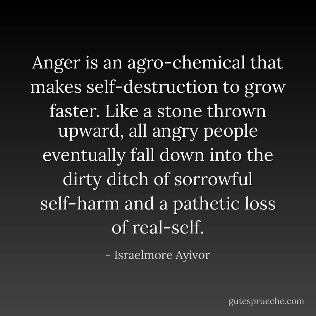 Anger is an agro-chemical that makes self-destruction to grow faster. Like a stone thrown upward, all angry people eventually fall down into the dirty ditch of sorrowful self-harm and a pathetic loss of real-self. - Israelmore Ayivor