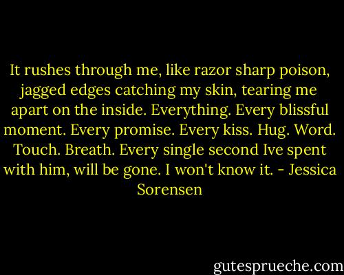 It rushes through me, like razor sharp poison, jagged edges catching my skin, tearing me apart on the inside. Everything. Every blissful moment. Every promise. Every kiss. Hug. Word. Touch. Breath. Every single second Ive spent with him, will be gone. I won't know it. - Jessica Sorensen