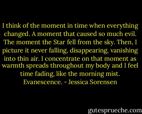I think of the moment in time when everything changed. A moment that caused so much evil. The moment the Star fell from the sky. Then, I picture it never falling, disappearing, vanishing into thin air. I concentrate on that moment as warmth spreads throughout my body and I feel time fading, like the morning mist. Evanescence. - Jessica Sorensen