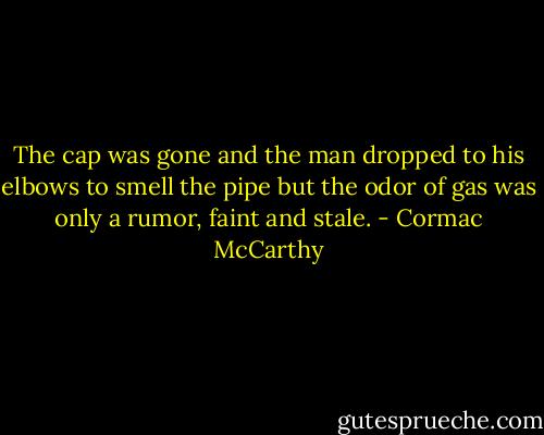 The cap was gone and the man dropped to his elbows to smell the pipe but the odor of gas was only a rumor, faint and stale. - Cormac McCarthy