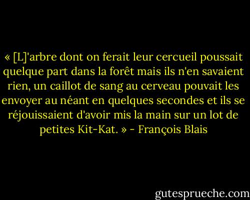 « [L]'arbre dont on ferait leur cercueil poussait quelque part dans la forêt mais ils n'en savaient rien, un caillot de sang au cerveau pouvait les envoyer au néant en quelques secondes et ils se réjouissaient d'avoir mis la main sur un lot de petites Kit-Kat. » - François Blais