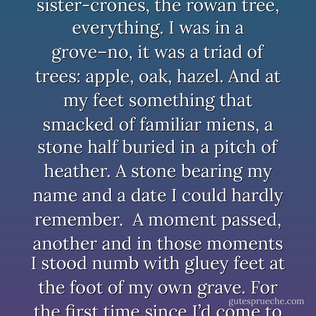 Everything was gone, the garden of wind and light, the Chrysalis, the Mother and her sister-crones, the rowan tree, everything. I was in a grove–no, it was a triad of trees: apple, oak, hazel. And at my feet something that smacked of familiar miens, a stone half buried in a pitch of heather. A stone bearing my name and a date I could hardly remember.<br /><br />A moment passed, another and in those moments I stood numb with gluey feet at the foot of my own grave. For the first time since I’d come to the Faeran Valley, I was alone. And the silence was deafening. - Debi Cimo