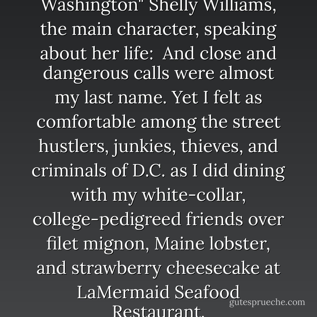 Excerpt from page 3 of "Wicked Washington"<br />Shelly Williams, the main character, speaking about her life:<br /><br />And close and dangerous calls were almost my last name. Yet I felt as comfortable among the street hustlers, junkies, thieves, and criminals of D.C. as I did dining with my<br />white-collar, college-pedigreed friends over filet mignon, Maine lobster, and strawberry cheesecake at LaMermaid<br />Seafood Restaurant. - Sonja D. Jones