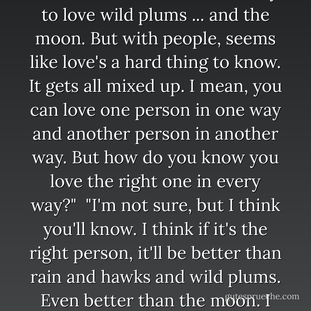 Well, sometimes love seems easy. Like ... it's easy to love rain ... and hawks. And it's easy to love wild plums ... and the moon. But with people, seems like love's a hard thing to know. It gets all mixed up. I mean, you can love one person in one way and another person in another way. But how do you know you love the right one in every way?"<br /><br />"I'm not sure, but I think you'll know. I think if it's the right person, it'll be better than rain and hawks and wild plums. Even better than the moon. I think it'll be better than all that put together. - Billie Letts