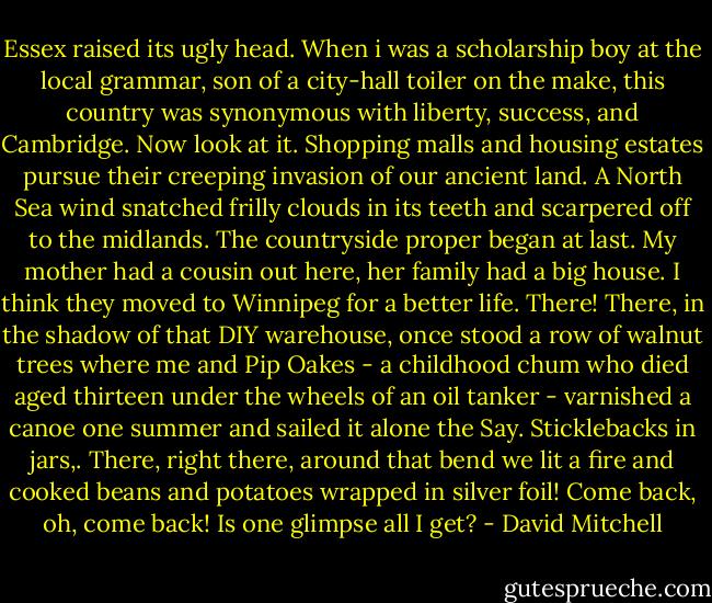 Essex raised its ugly head. When i was a scholarship boy at the local grammar, son of a city-hall toiler on the make, this country was synonymous with liberty, success, and Cambridge. Now look at it. Shopping malls and housing estates pursue their creeping invasion of our ancient land. A North Sea wind snatched frilly clouds in its teeth and scarpered off to the midlands. The countryside proper began at last. My mother had a cousin out here, her family had a big house. I think they moved to Winnipeg for a better life. There! There, in the shadow of that DIY warehouse, once stood a row of walnut trees where me and Pip Oakes - a childhood chum who died aged thirteen under the wheels of an oil tanker - varnished a canoe one summer and sailed it alone the Say. Sticklebacks in jars,. There, right there, around that bend we lit a fire and cooked beans and potatoes wrapped in silver foil! Come back, oh, come back! Is one glimpse all I get? - David Mitchell