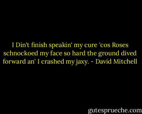 I Din't finish speakin' my cure 'cos Roses schnockoed my face so hard the ground dived forward an' I crashed my jaxy. - David Mitchell