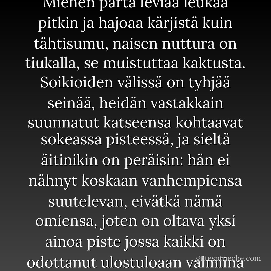 Rovaniemen kirkossa, soikioissa sakastin seinällä on valokuvat kahdesta Isomaasta. Miehen parta leviää leukaa pitkin ja hajoaa kärjistä kuin tähtisumu, naisen nuttura on tiukalla, se muistuttaa kaktusta. Soikioiden välissä on tyhjää seinää, heidän vastakkain suunnatut katseensa kohtaavat sokeassa pisteessä, ja sieltä äitinikin on peräisin: hän ei nähnyt koskaan vanhempiensa suutelevan, eivätkä nämä omiensa, joten on oltava yksi ainoa piste jossa kaikki on odottanut ulostuloaan valmiina kuin kananpoika munassa, sokeana. - Mikko Viljanen