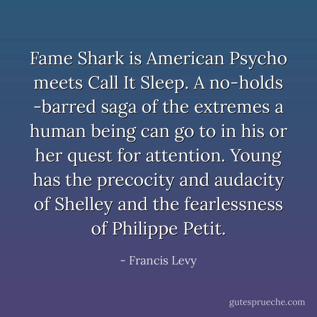 Fame Shark is American Psycho meets Call It Sleep. A no-holds -barred saga of the extremes a human being can go to in his or her quest for attention. Young has the precocity and audacity of Shelley and the fearlessness of Philippe Petit. - Francis Levy