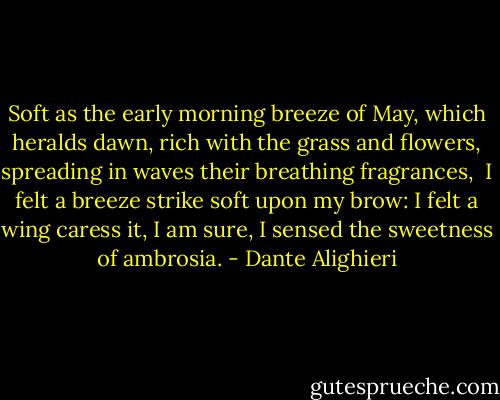 Soft as the early morning breeze of May,<br />which heralds dawn, rich with the grass and flowers,<br />spreading in waves their breathing fragrances,<br /><br />I felt a breeze strike soft upon my brow:<br />I felt a wing caress it, I am sure,<br />I sensed the sweetness of ambrosia. - Dante Alighieri