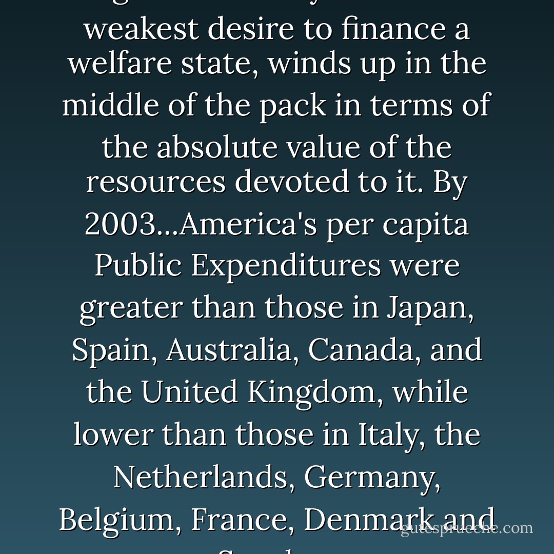The United States, with the greatest ability and the weakest desire to finance a welfare state, winds up in the middle of the pack in terms of the absolute value of the resources devoted to it. By 2003...America's per capita Public Expenditures were greater than those in Japan, Spain, Australia, Canada, and the United Kingdom, while lower than those in Italy, the Netherlands, Germany, Belgium, France, Denmark and Sweden. - William Voegeli
