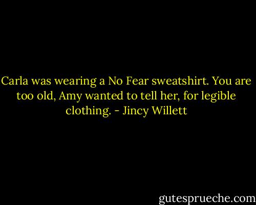 Carla was wearing a No Fear sweatshirt. You are too old, Amy wanted to tell her, for legible clothing. - Jincy Willett