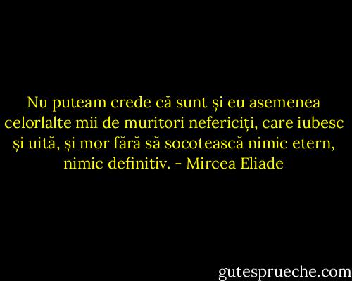 Nu puteam crede că sunt și eu asemenea celorlalte mii de muritori nefericiți, care iubesc și uită, și mor fără să socotească nimic etern, nimic definitiv. - Mircea Eliade