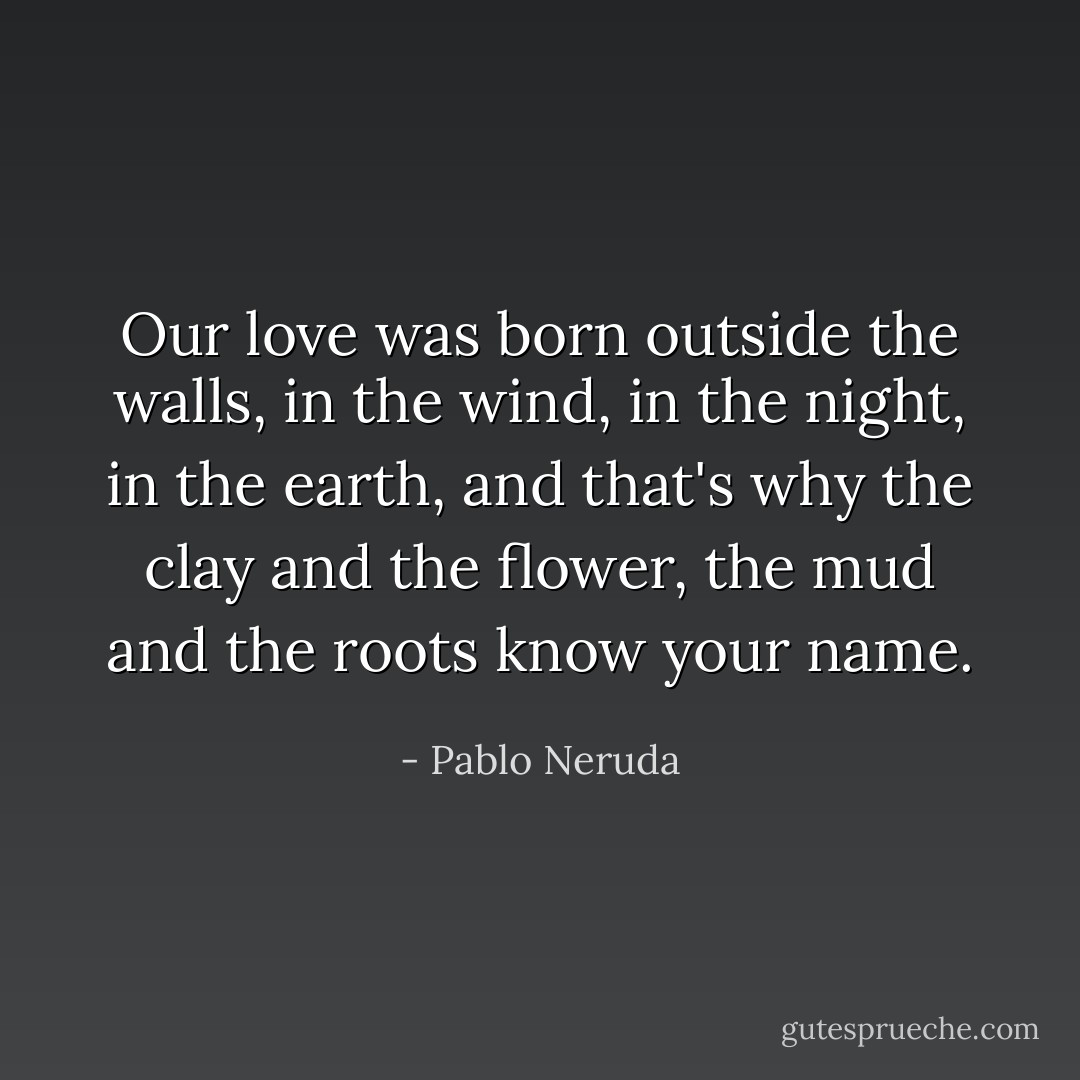 Our love was born<br />outside the walls,<br />in the wind,<br />in the night,<br />in the earth,<br />and that's why the clay and the flower,<br />the mud and the roots<br />know your name. - Pablo Neruda