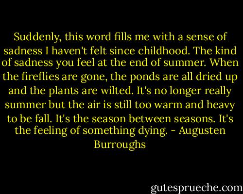Suddenly, this word fills me with a sense of sadness I haven't felt since childhood. The kind of sadness you feel at the end of summer. When the fireflies are gone, the ponds are all dried up and the plants are wilted. It's no longer really summer but the air is still too warm and heavy to be fall. It's the season between seasons. It's the feeling of something dying. - Augusten Burroughs