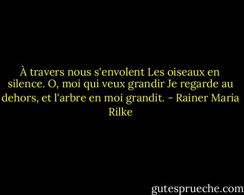 À travers nous s'envolent<br />Les oiseaux en silence. O, moi qui veux grandir<br />Je regarde au dehors, et l'arbre en moi grandit. - Rainer Maria Rilke