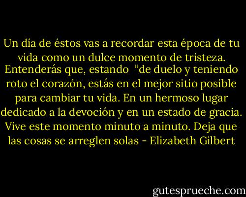 Un día de éstos vas a recordar esta época de tu vida como un dulce momento de tristeza. Entenderás que, estando <br />“de duelo y teniendo roto el corazón, estás en el mejor sitio posible para cambiar tu vida. En un hermoso lugar dedicado a la devoción y en un estado de gracia. Vive este momento minuto a minuto. Deja que las cosas se arreglen solas - Elizabeth Gilbert