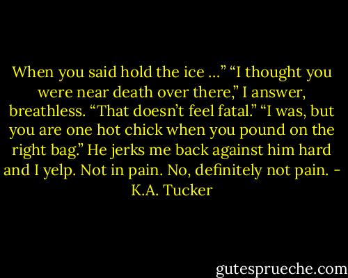 When you said hold the ice …”<br />“I thought you were near death over there,” I answer, breathless. “That doesn’t feel fatal.”<br />“I was, but you are one hot chick when you pound on the right bag.” He jerks me back against him hard and I yelp. Not in pain. No, definitely not pain. - K.A. Tucker