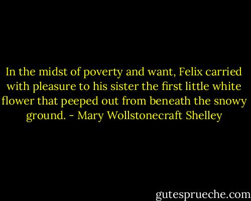 In the midst of poverty and want, Felix carried with pleasure to his sister the first little white flower that peeped out from beneath the snowy ground. - Mary Wollstonecraft Shelley