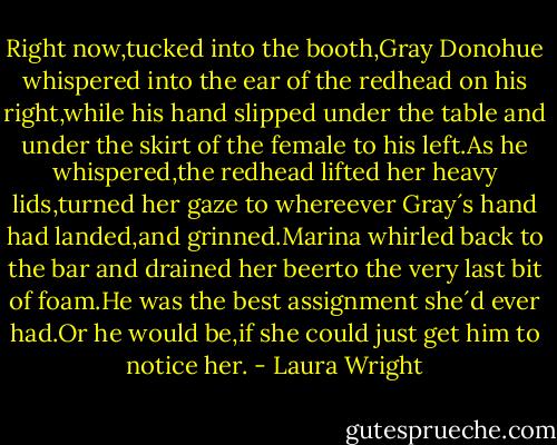 Right now,tucked into the booth,Gray Donohue whispered into the ear of the redhead on his right,while his hand slipped under the table and under the skirt of the female to his left.As he whispered,the redhead lifted her heavy lids,turned her gaze to whereever Gray´s hand had landed,and grinned.Marina whirled back to the bar and drained her beerto the very last bit of foam.He was the best assignment she´d ever had.Or he would be,if she could just get him to notice her. - Laura Wright