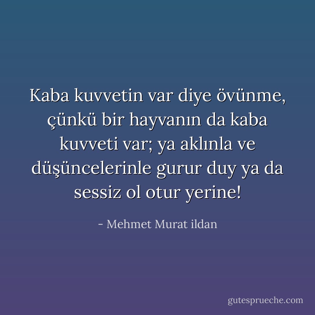 Kaba kuvvetin var diye övünme, çünkü bir hayvanın da kaba kuvveti var; ya aklınla ve düşüncelerinle gurur duy ya da sessiz ol otur yerine! - Mehmet Murat ildan