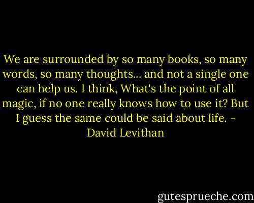 We are surrounded by so many books, so many words, so many thoughts... and not a single one can help us. I think, What's the point of all magic, if no one really knows how to use it? But I guess the same could be said about life. - David Levithan