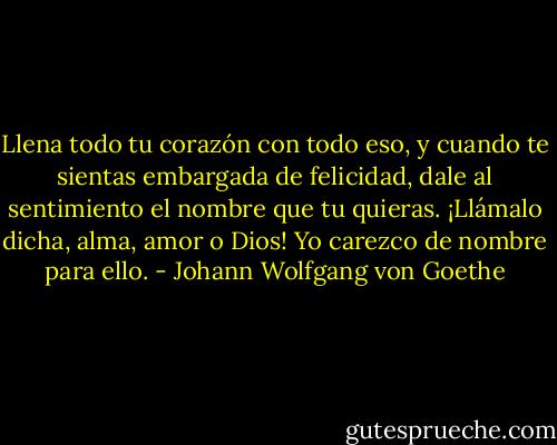 Llena todo tu corazón con todo eso, y cuando te sientas embargada de felicidad, dale al sentimiento el nombre que tu quieras. ¡Llámalo dicha, alma, amor o Dios! Yo carezco de nombre para ello. - Johann Wolfgang von Goethe