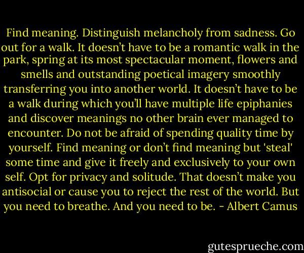 Find meaning. Distinguish melancholy from sadness. Go out for a walk. It doesn’t have to be a romantic walk in the park, spring at its most spectacular moment, flowers and smells and outstanding poetical imagery smoothly transferring you into another world. It doesn’t have to be a walk during which you’ll have multiple life epiphanies and discover meanings no other brain ever managed to encounter. Do not be afraid of spending quality time by yourself. Find meaning or don’t find meaning but 'steal' some time and give it freely and exclusively to your own self. Opt for privacy and solitude. That doesn’t make you antisocial or cause you to reject the rest of the world. But you need to breathe. And you need to be. - Albert Camus