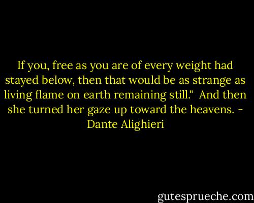 If you, free as you are of every weight<br />had stayed below, then that would be as strange<br />as living flame on earth remaining still."<br /><br />And then she turned her gaze up toward the heavens. - Dante Alighieri