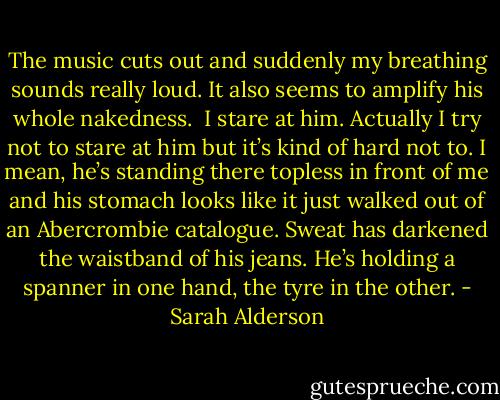 The music cuts out and suddenly my breathing sounds really loud. It also seems to amplify his whole nakedness. <br />I stare at him. Actually I try not to stare at him but it’s kind of hard not to. I mean, he’s standing there topless in front of me and his stomach looks like it just walked out of an Abercrombie catalogue. Sweat has darkened the waistband of his jeans. He’s holding a spanner in one hand, the tyre in the other. - Sarah Alderson