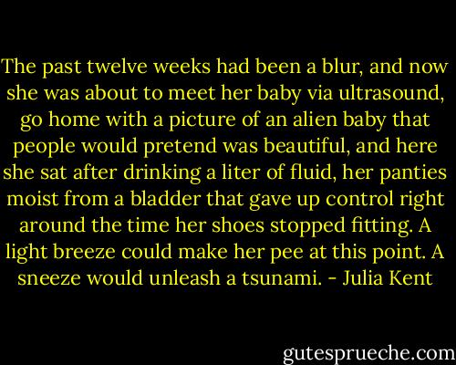 The past twelve weeks had been a blur, and now she was about to meet her baby via ultrasound, go home with a picture of an alien baby that people would pretend was beautiful, and here she sat after drinking a liter of fluid, her panties moist from a bladder that gave up control right around the time her shoes stopped fitting. A light breeze could make her pee at this point. A sneeze would unleash a tsunami. - Julia Kent