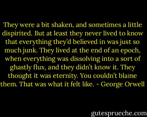 They were a bit shaken, and sometimes a little dispirited. But at least they never lived to know that everything they’d believed in was just so much junk. They lived at the end of an epoch, when everything was dissolving into a sort of ghastly flux, and they didn’t know it. They thought it was eternity. You couldn’t blame them. That was what it felt like. - George Orwell
