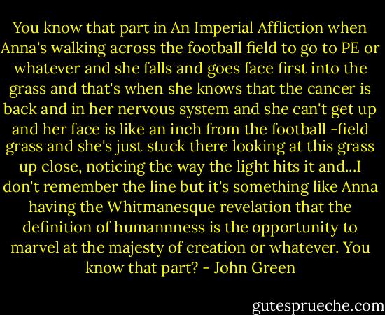 You know that part in An Imperial Affliction when Anna's walking across the football field to go to PE or whatever and she falls and goes face first into the grass and that's when she knows that the cancer is back and in her nervous system and she can't get up and her face is like an inch from the football -field grass and she's just stuck there looking at this grass up close, noticing the way the light hits it and...I don't remember the line but it's something like Anna having the Whitmanesque revelation that the definition of humannness is the opportunity to marvel at the majesty of creation or whatever. You know that part? - John Green