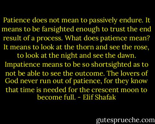 Patience does not mean to passively endure. It means to be farsighted enough to trust the end result of a process. What does patience mean? It means to look at the thorn and see the rose, to look at the night and see the dawn. Impatience means to be so shortsighted as to not be able to see the outcome. The lovers of God never run out of patience, for they know that time is needed for the crescent moon to become full. - Elif Shafak