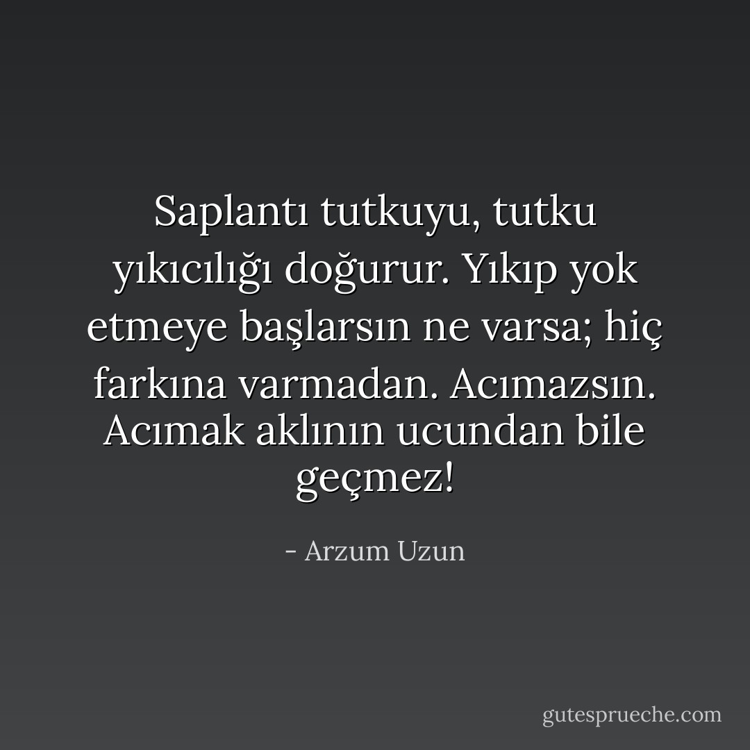 Saplantı tutkuyu, tutku yıkıcılığı doğurur. Yıkıp yok etmeye başlarsın ne varsa; hiç farkına varmadan. Acımazsın. Acımak aklının ucundan bile geçmez! - Arzum Uzun