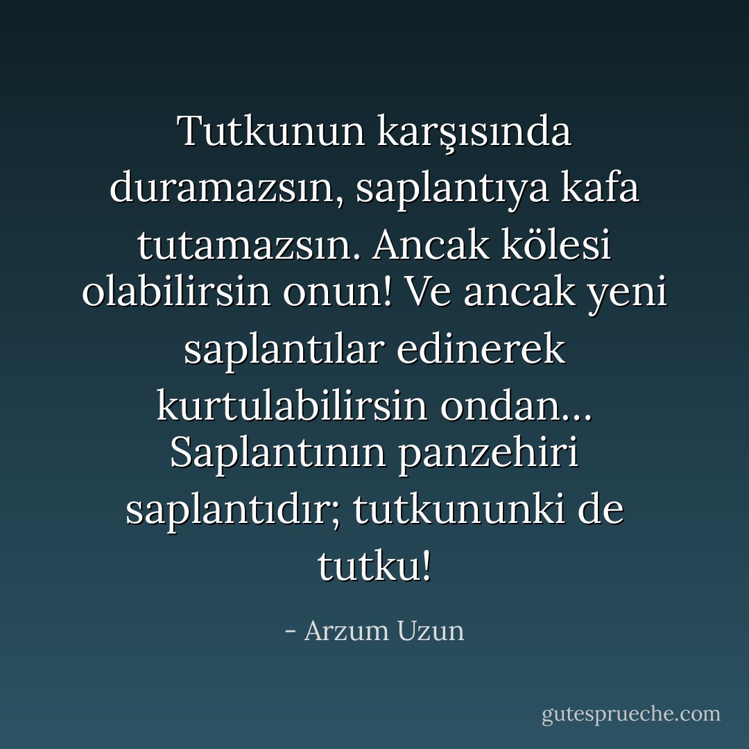 Tutkunun karşısında duramazsın, saplantıya kafa tutamazsın. Ancak kölesi olabilirsin onun! Ve ancak yeni saplantılar edinerek kurtulabilirsin ondan… Saplantının panzehiri saplantıdır; tutkununki de tutku! - Arzum Uzun
