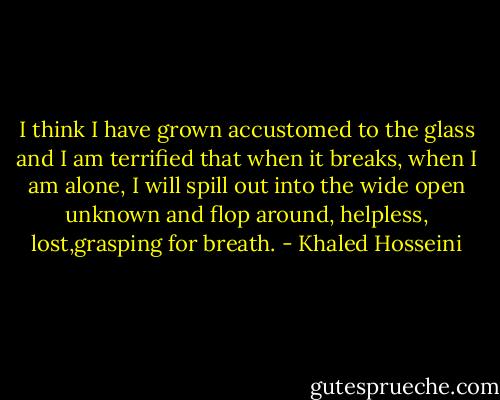 I think I have grown accustomed to the glass and I am terrified that when it breaks, when I am alone, I will spill out into the wide open unknown and flop around, helpless, lost,grasping for breath. - Khaled Hosseini