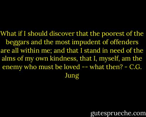 What if I should discover that the poorest of the beggars and the most impudent of offenders are all within me; and that I stand in need of the alms of my own kindness, that I, myself, am the enemy who must be loved -- what then? - C.G. Jung