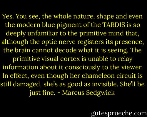 Yes. You see, the whole nature, shape and even the modern blue pigment of the TARDIS is so deeply unfamiliar to the primitive mind that, although the optic nerve registers its presence, the brain cannot decode what it is seeing. The primitive visual cortex is unable to relay information about it consciously to the viewer. In effect, even though her chameleon circuit is still damaged, she’s as good as invisible. She’ll be just fine. - Marcus Sedgwick