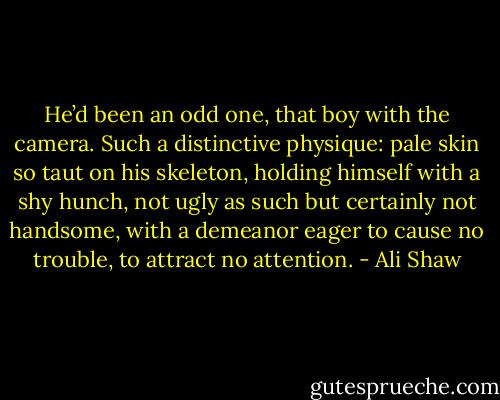 He’d been an odd one, that boy with the camera. Such a distinctive physique: pale skin so taut on his skeleton, holding himself with a shy hunch, not ugly as such but certainly not handsome, with a demeanor eager to cause no trouble, to attract no attention. - Ali Shaw