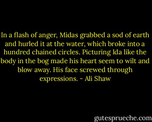 In a flash of anger, Midas grabbed a sod of earth and hurled it at the water, which broke into a hundred chained circles. Picturing Ida like the body in the bog made his heart seem to wilt and blow away. His face screwed through expressions. - Ali Shaw