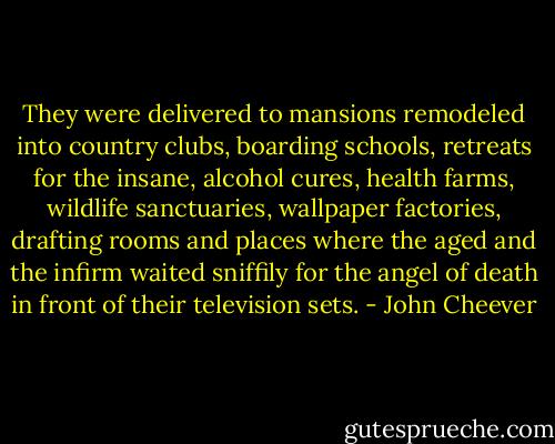 They were delivered to mansions remodeled into country clubs, boarding schools, retreats for the insane, alcohol cures, health farms, wildlife sanctuaries, wallpaper factories, drafting rooms and places where the aged and the infirm waited sniffily for the angel of death in front of their television sets. - John Cheever
