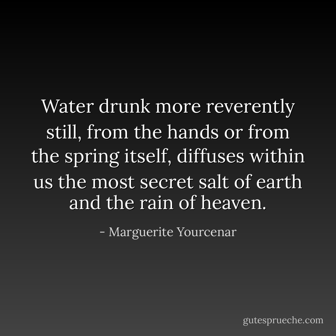 Water drunk more reverently still, from the hands or from the spring itself, diffuses within us the most secret salt of earth and the rain of heaven. - Marguerite Yourcenar