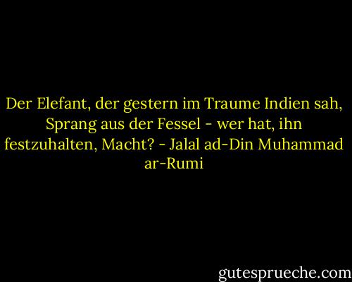 Der Elefant, der gestern im Traume Indien sah,<br />Sprang aus der Fessel - wer hat, ihn festzuhalten, Macht? - Jalal ad-Din Muhammad ar-Rumi