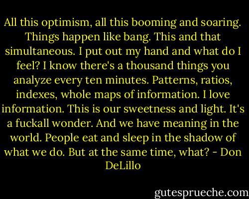 All this optimism, all this booming and soaring. Things happen like bang. This and that simultaneous. I put out my hand and what do I feel? I know there's a thousand things you analyze every ten minutes. Patterns, ratios, indexes, whole maps of information. I love information. This is our sweetness and light. It's a fuckall wonder. And we have meaning in the world. People eat and sleep in the shadow of what we do. But at the same time, what? - Don DeLillo