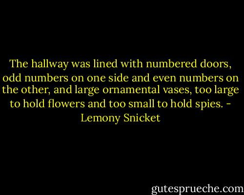 The hallway was lined with numbered doors, odd numbers on one side and even numbers on the other, and large ornamental vases, too large to hold flowers and too small to hold spies. - Lemony Snicket
