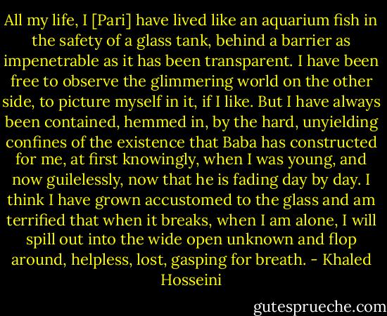 All my life, I [Pari] have lived like an aquarium fish in the safety of a glass tank, behind a barrier as impenetrable as it has been transparent. I have been free to observe the glimmering world on the other side, to picture myself in it, if I like. But I have always been contained, hemmed in, by the hard, unyielding confines of the existence that Baba has constructed for me, at first knowingly, when I was young, and now guilelessly, now that he is fading day by day. I think I have grown accustomed to the glass and am terrified that when it breaks, when I am alone, I will spill out into the wide open unknown and flop around, helpless, lost, gasping for breath. - Khaled Hosseini