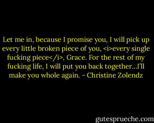 Let me in, because I promise you, I will pick up every little broken piece of you, <i>every single fucking piece</i>, Grace. For the rest of my fucking life, I will put you back together…I’ll make you whole again. - Christine Zolendz