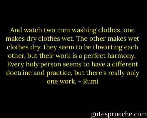 And watch two men washing clothes,<br />one makes dry clothes wet. The other makes wet clothes dry. they seem to be thwarting each other, but their work is a perfect harmony.<br /><br />Every holy person seems to have a different doctrine and practice, but there's really only one work. - Rumi